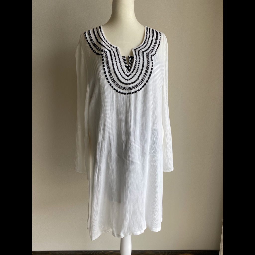 Tommy Bahama White And Black Bell-Sleeve Coverup Tunic Size Medium